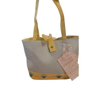 NWT Quaker Factory QVC Tote Bag Blue Striped Seashells Yellow Purse READ